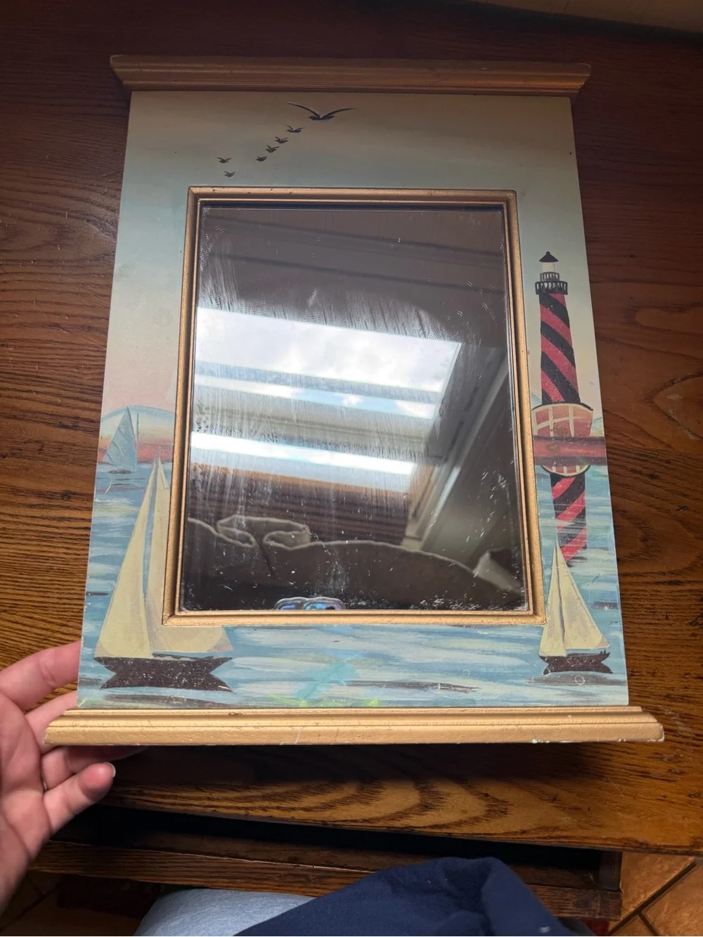 Vintage Coastal Lighthouse Hand-Painted Nautical Wall Mirror